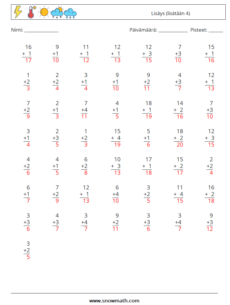 (50) Lisäys (lisätään 4) Matematiikan laskentataulukot 1 Kysymys, vastaus