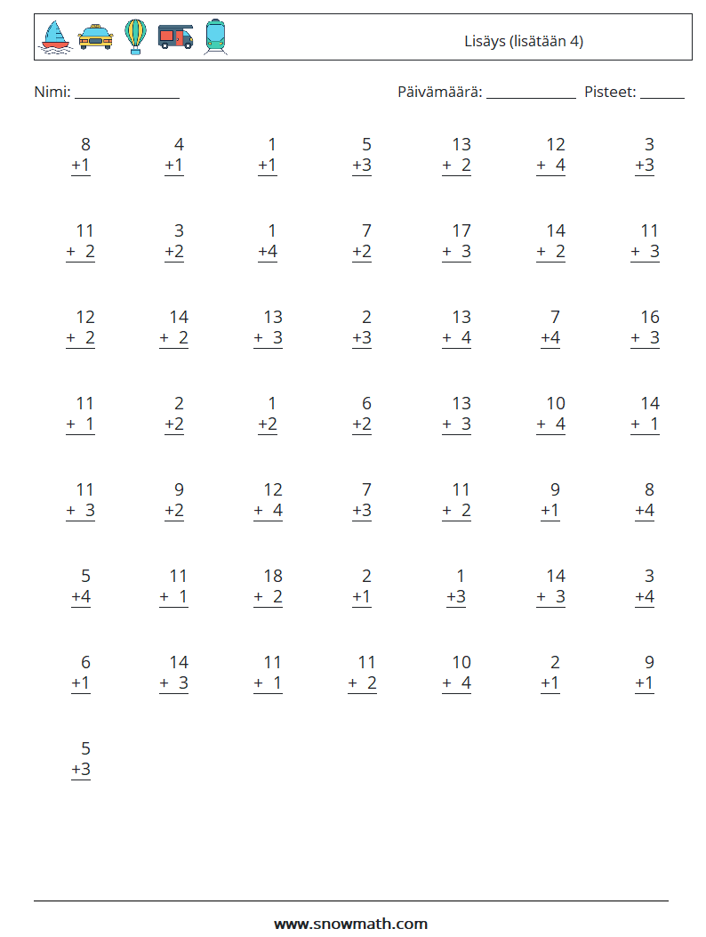 (50) Lisäys (lisätään 4) Matematiikan laskentataulukot 3