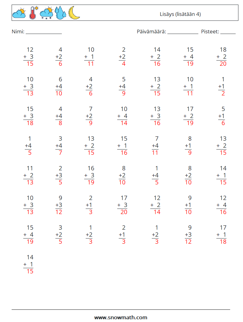 (50) Lisäys (lisätään 4) Matematiikan laskentataulukot 4 Kysymys, vastaus