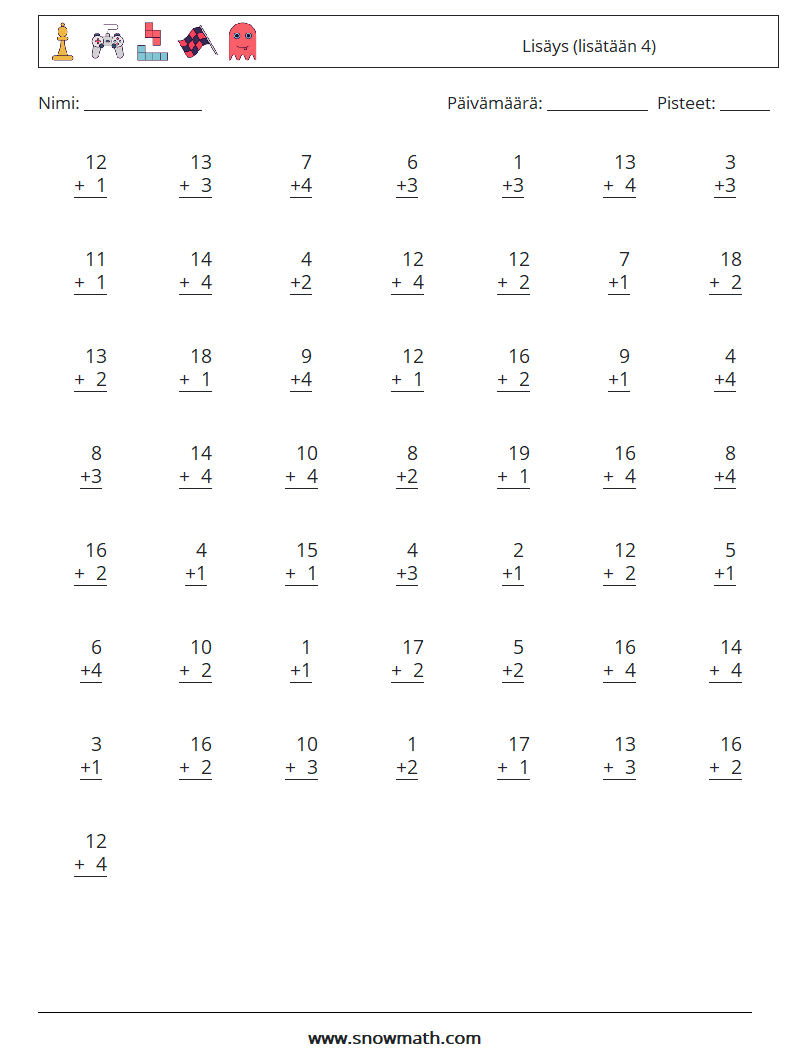 (50) Lisäys (lisätään 4) Matematiikan laskentataulukot 5