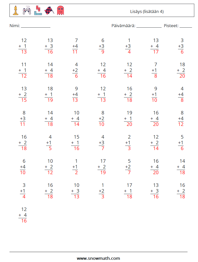 (50) Lisäys (lisätään 4) Matematiikan laskentataulukot 5 Kysymys, vastaus