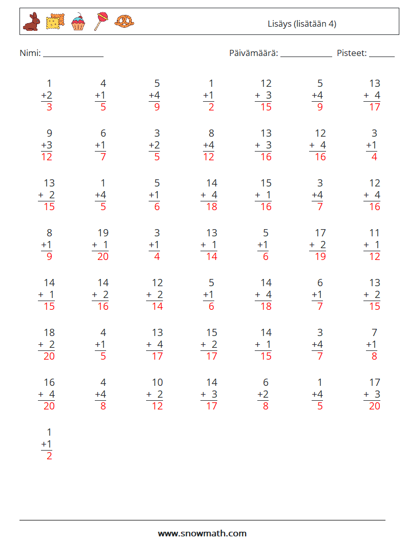 (50) Lisäys (lisätään 4) Matematiikan laskentataulukot 6 Kysymys, vastaus