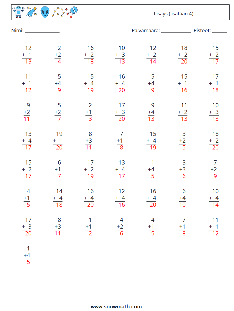 (50) Lisäys (lisätään 4) Matematiikan laskentataulukot 7 Kysymys, vastaus