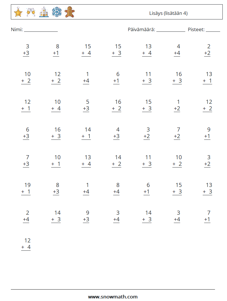 (50) Lisäys (lisätään 4) Matematiikan laskentataulukot 8