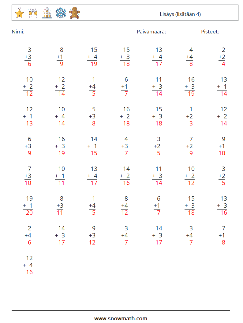 (50) Lisäys (lisätään 4) Matematiikan laskentataulukot 8 Kysymys, vastaus