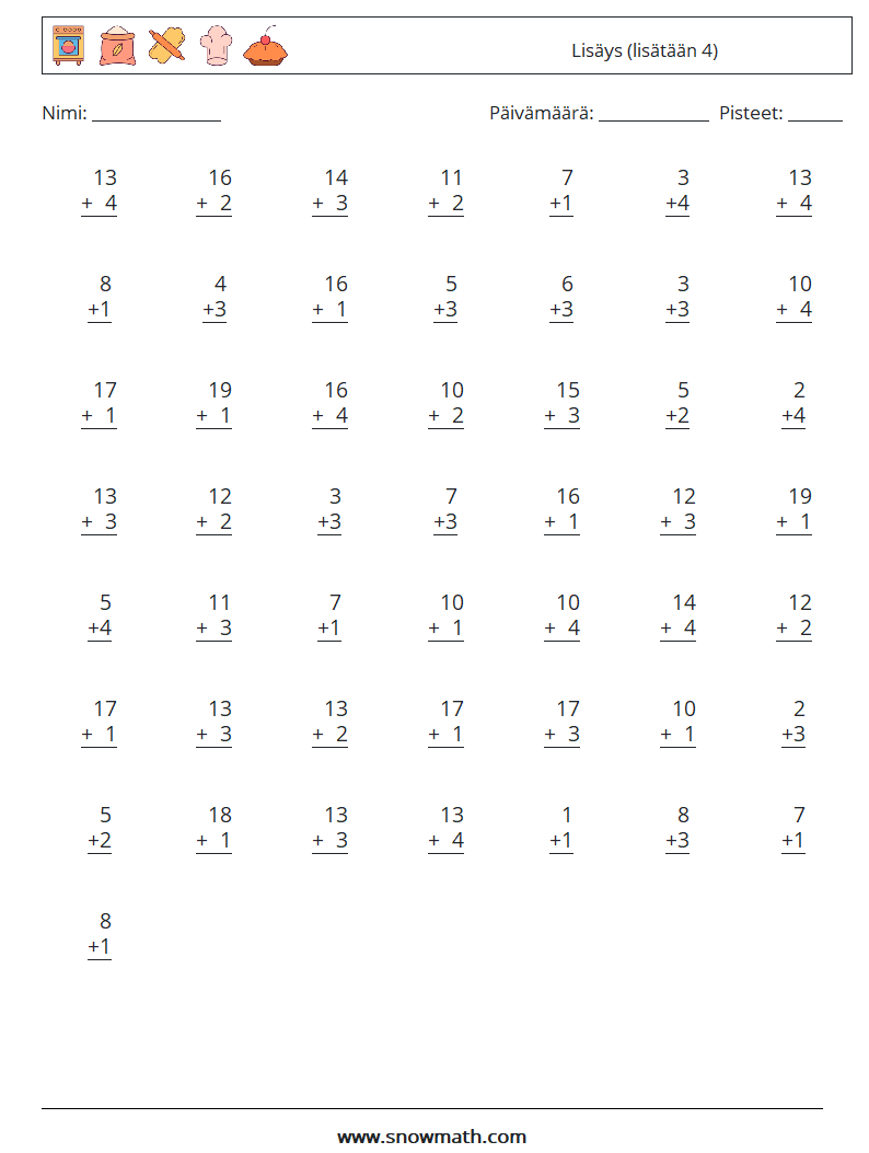 (50) Lisäys (lisätään 4) Matematiikan laskentataulukot 9