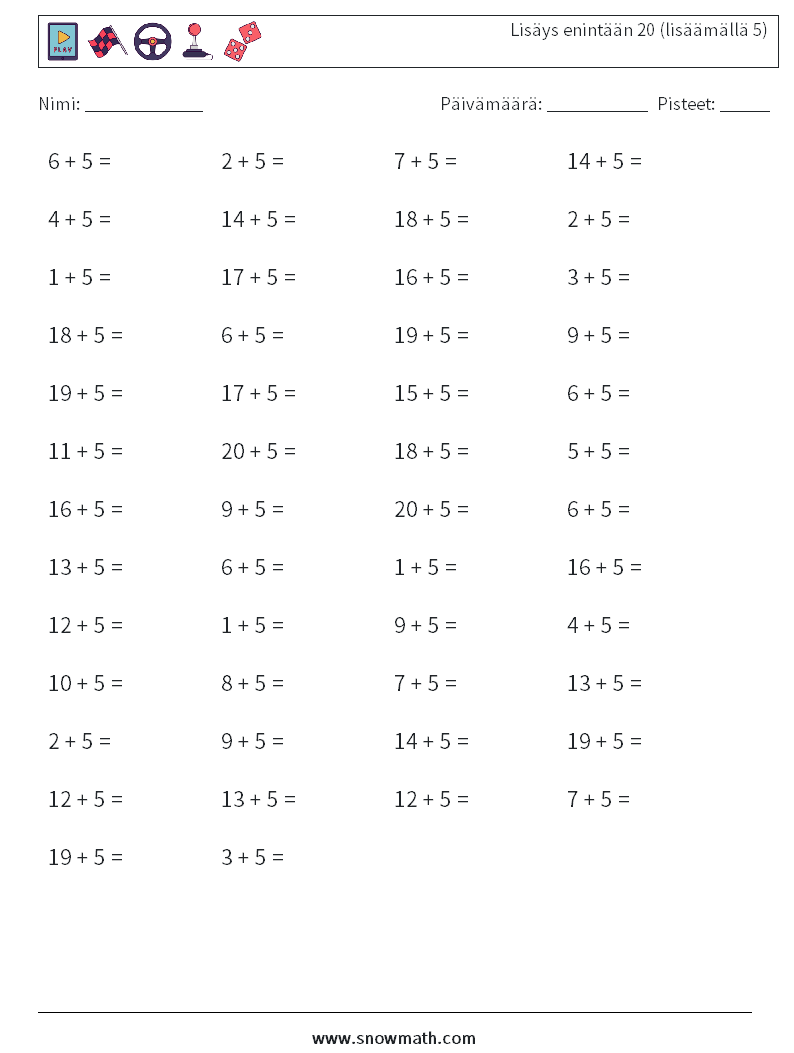 (50) Lisäys enintään 20 (lisäämällä 5) Matematiikan laskentataulukot 2