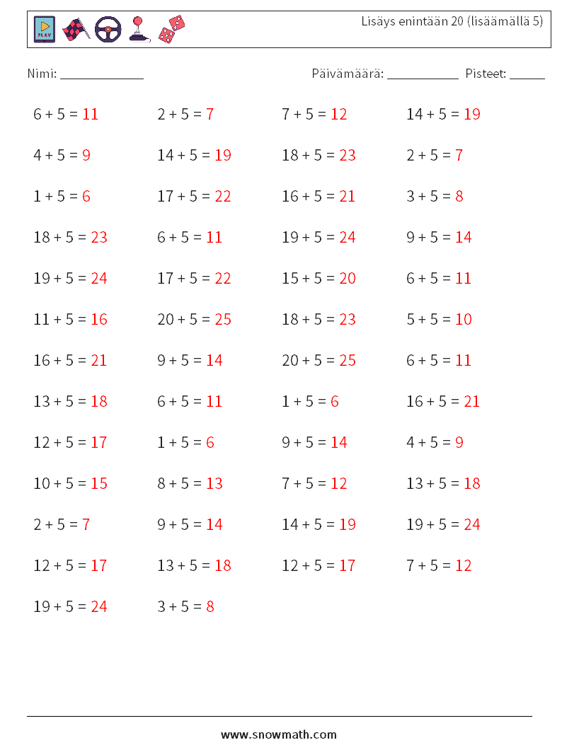 (50) Lisäys enintään 20 (lisäämällä 5) Matematiikan laskentataulukot 2 Kysymys, vastaus