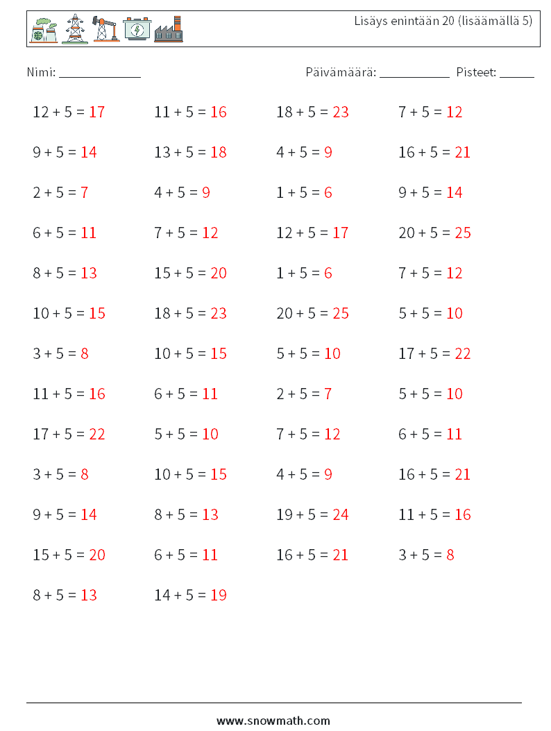 (50) Lisäys enintään 20 (lisäämällä 5) Matematiikan laskentataulukot 4 Kysymys, vastaus