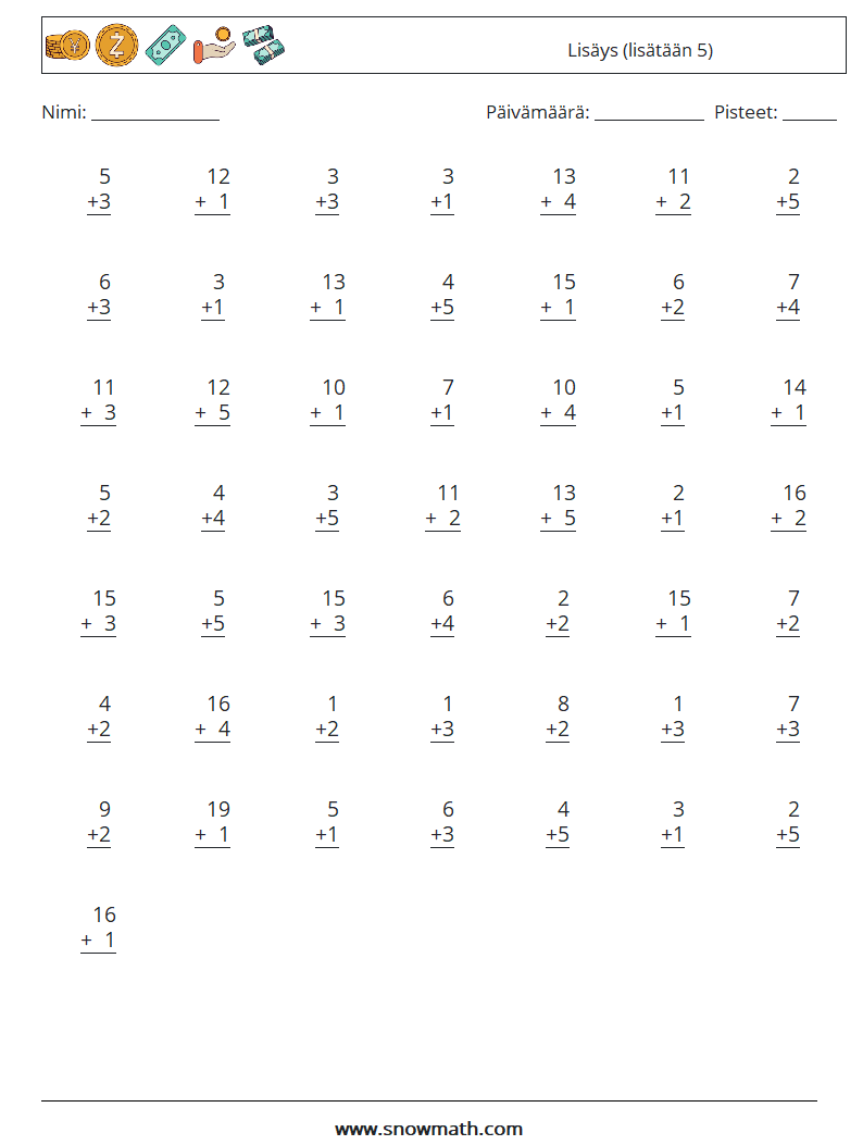 (50) Lisäys (lisätään 5) Matematiikan laskentataulukot 10