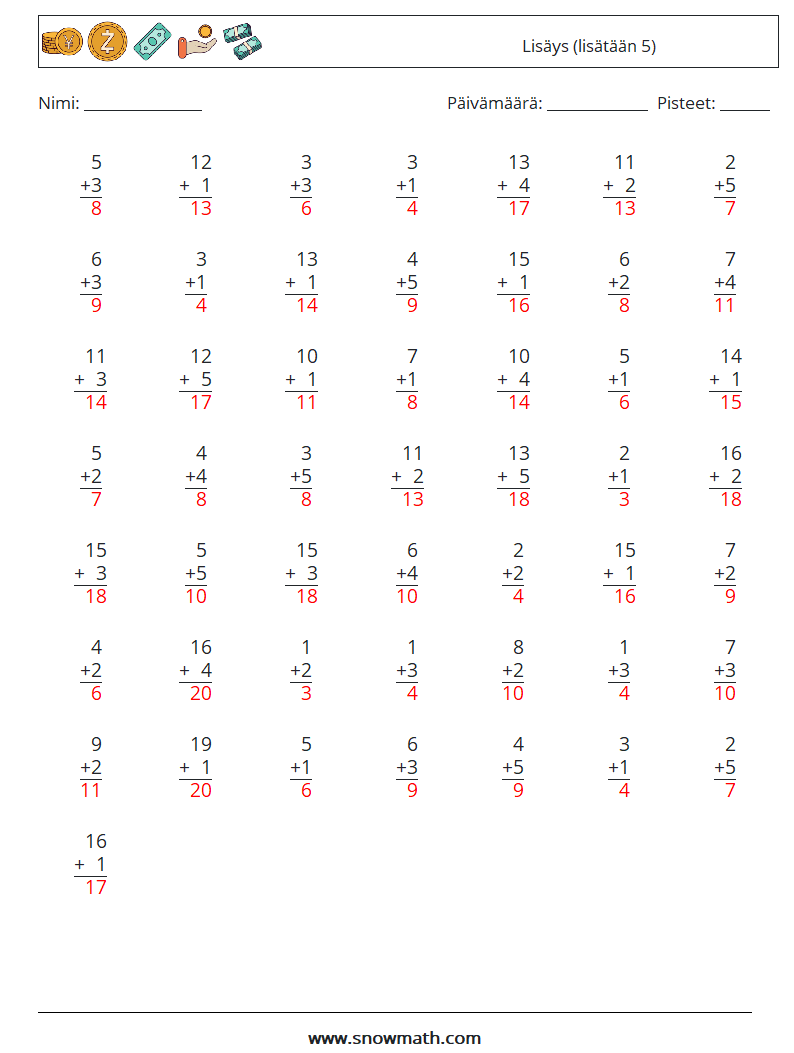 (50) Lisäys (lisätään 5) Matematiikan laskentataulukot 10 Kysymys, vastaus