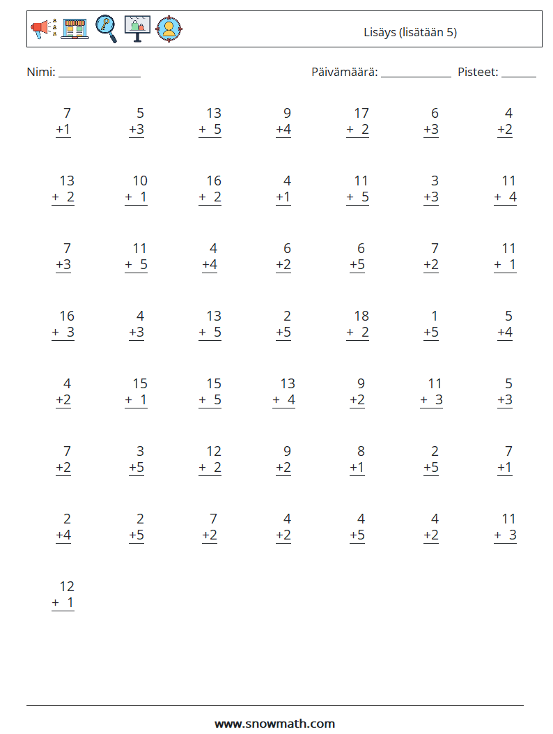 (50) Lisäys (lisätään 5) Matematiikan laskentataulukot 12