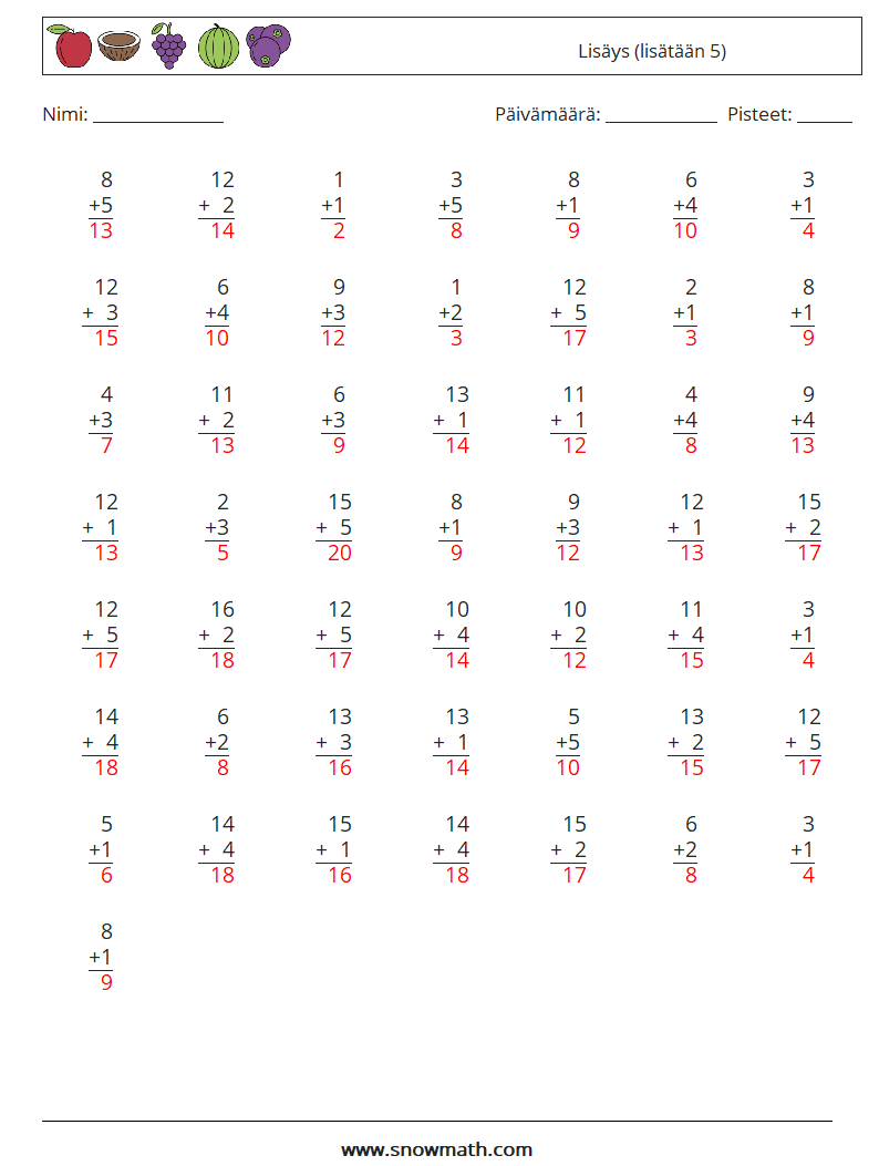 (50) Lisäys (lisätään 5) Matematiikan laskentataulukot 14 Kysymys, vastaus