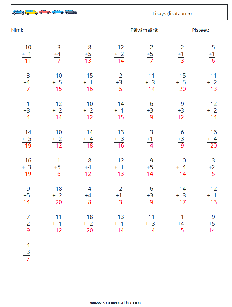 (50) Lisäys (lisätään 5) Matematiikan laskentataulukot 15 Kysymys, vastaus