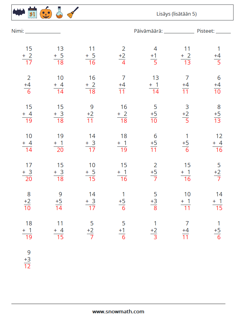 (50) Lisäys (lisätään 5) Matematiikan laskentataulukot 16 Kysymys, vastaus