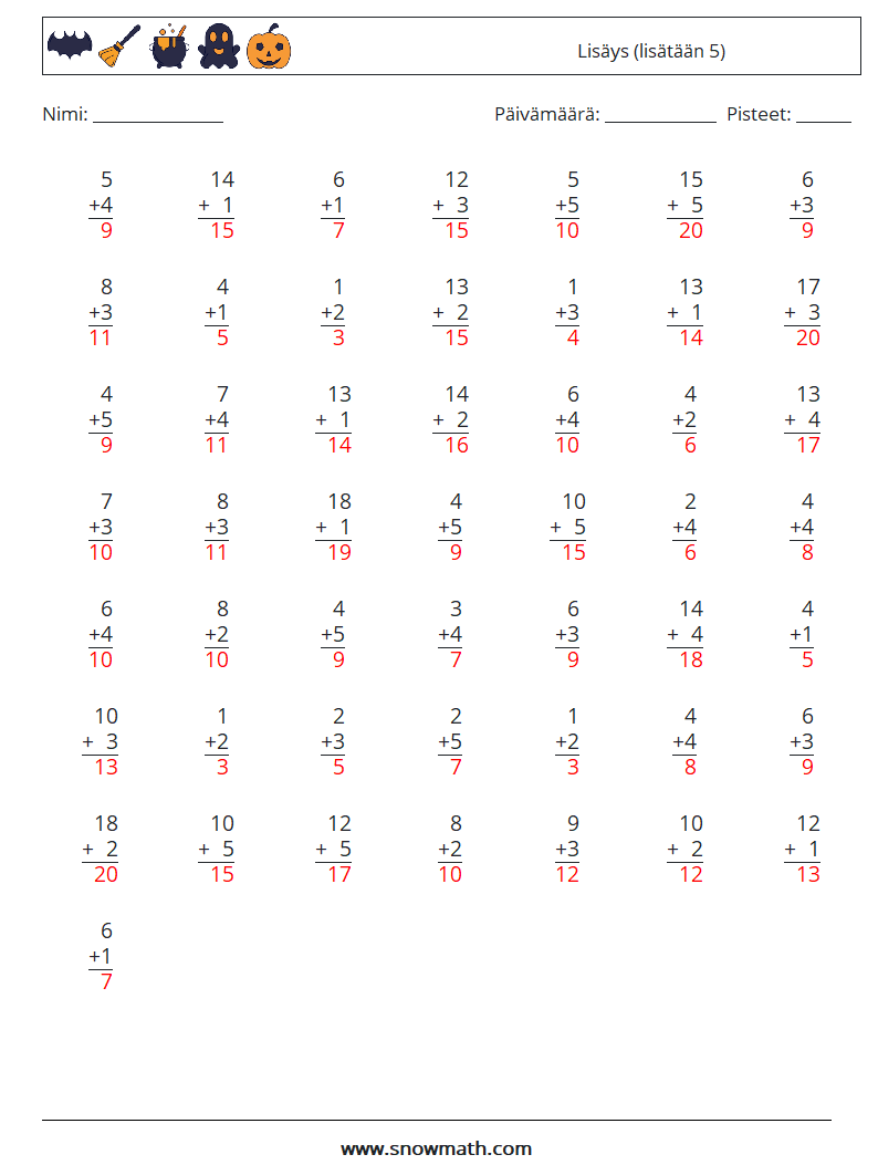 (50) Lisäys (lisätään 5) Matematiikan laskentataulukot 17 Kysymys, vastaus