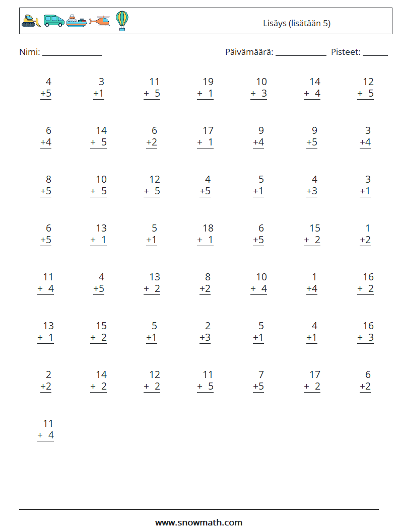 (50) Lisäys (lisätään 5) Matematiikan laskentataulukot 18