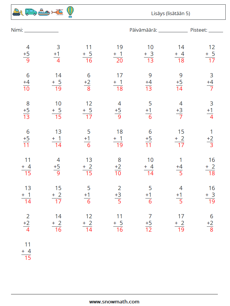 (50) Lisäys (lisätään 5) Matematiikan laskentataulukot 18 Kysymys, vastaus