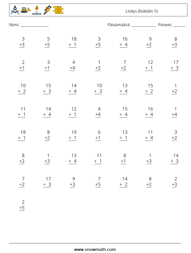 (50) Lisäys (lisätään 5) Matematiikan laskentataulukot 2