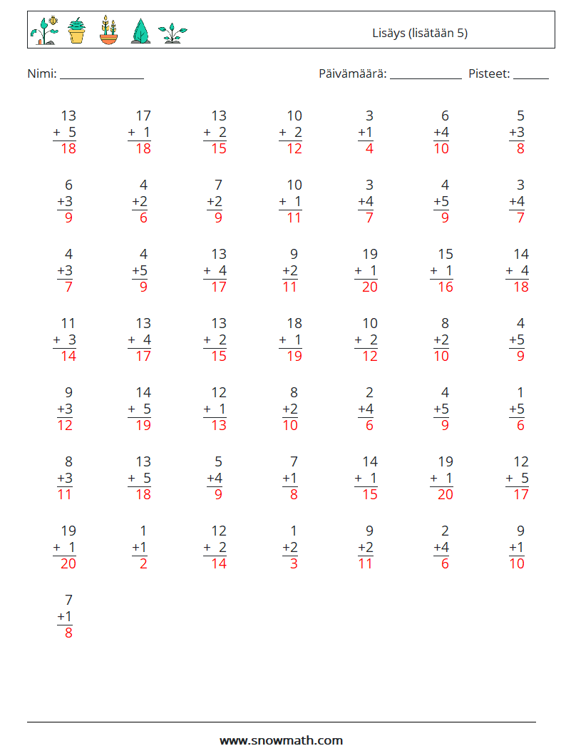 (50) Lisäys (lisätään 5) Matematiikan laskentataulukot 3 Kysymys, vastaus