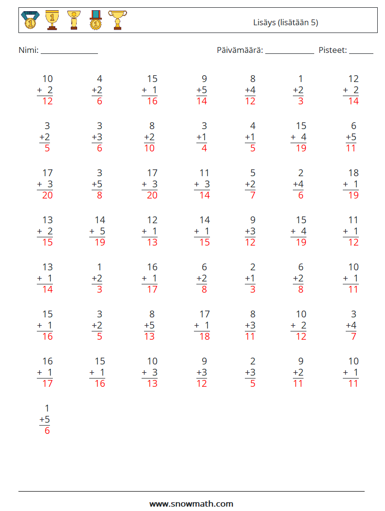 (50) Lisäys (lisätään 5) Matematiikan laskentataulukot 4 Kysymys, vastaus