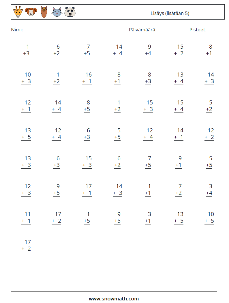 (50) Lisäys (lisätään 5) Matematiikan laskentataulukot 5