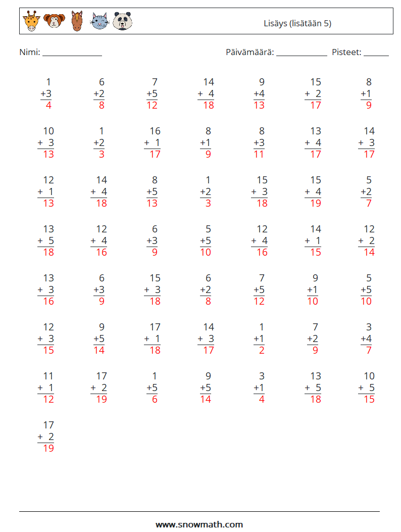 (50) Lisäys (lisätään 5) Matematiikan laskentataulukot 5 Kysymys, vastaus