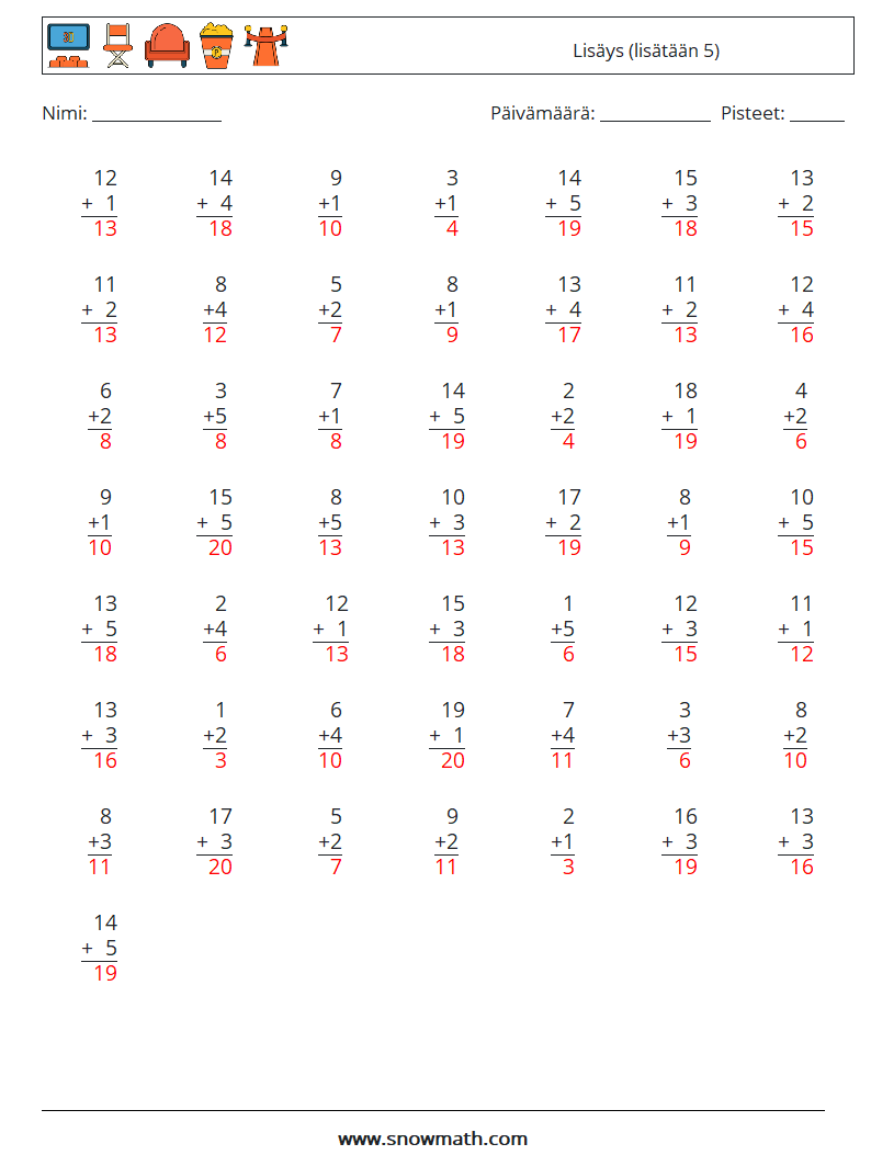 (50) Lisäys (lisätään 5) Matematiikan laskentataulukot 6 Kysymys, vastaus