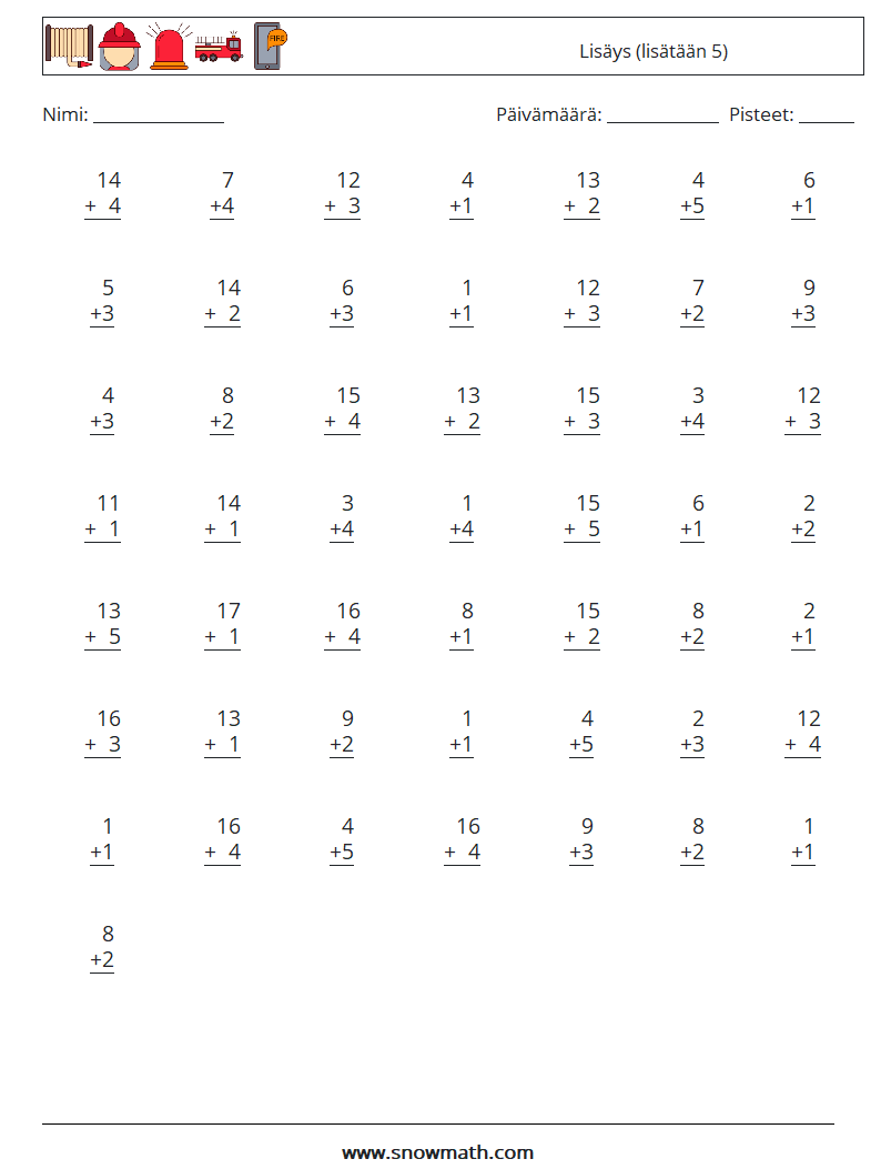 (50) Lisäys (lisätään 5) Matematiikan laskentataulukot 7