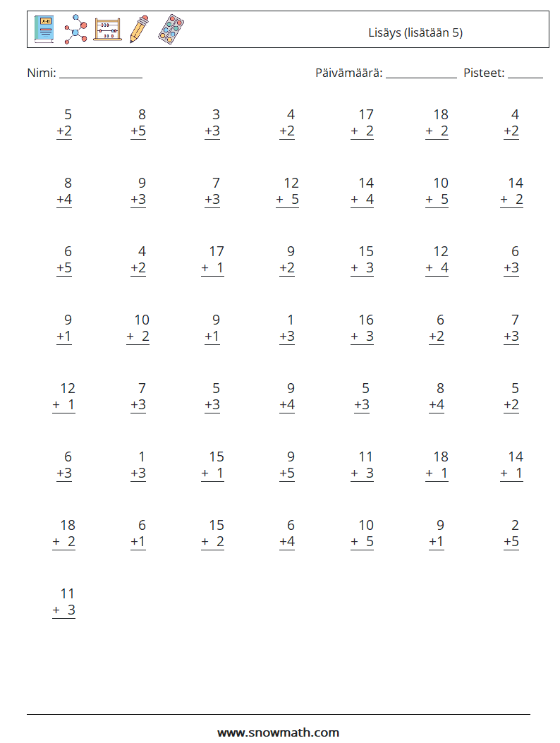 (50) Lisäys (lisätään 5) Matematiikan laskentataulukot 8