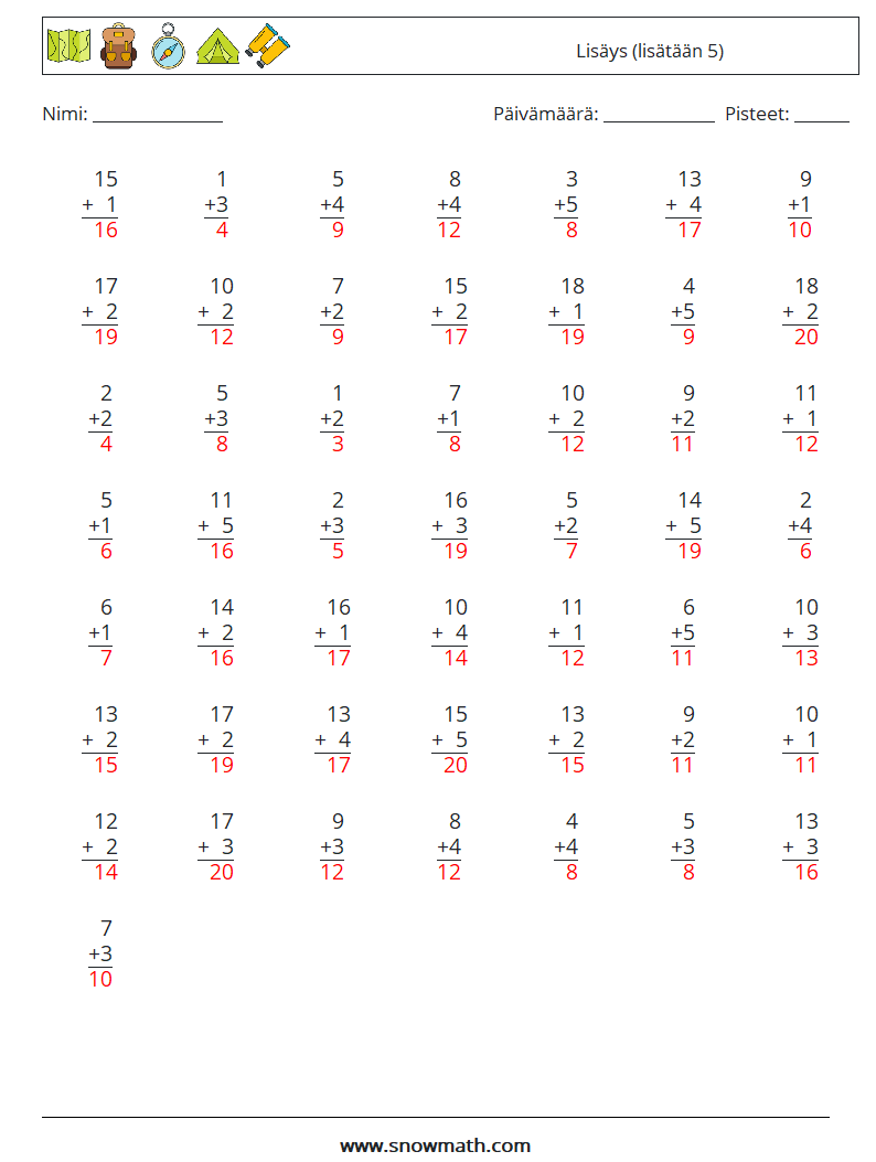 (50) Lisäys (lisätään 5) Matematiikan laskentataulukot 9 Kysymys, vastaus