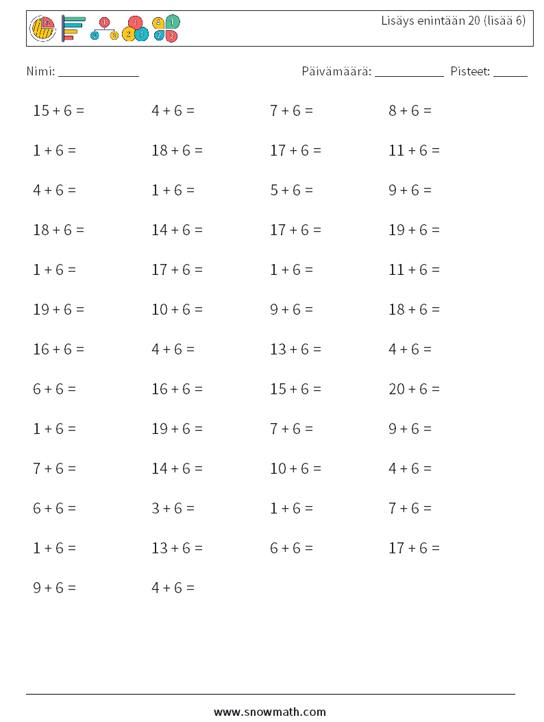 (50) Lisäys enintään 20 (lisää 6) Matematiikan laskentataulukot 1