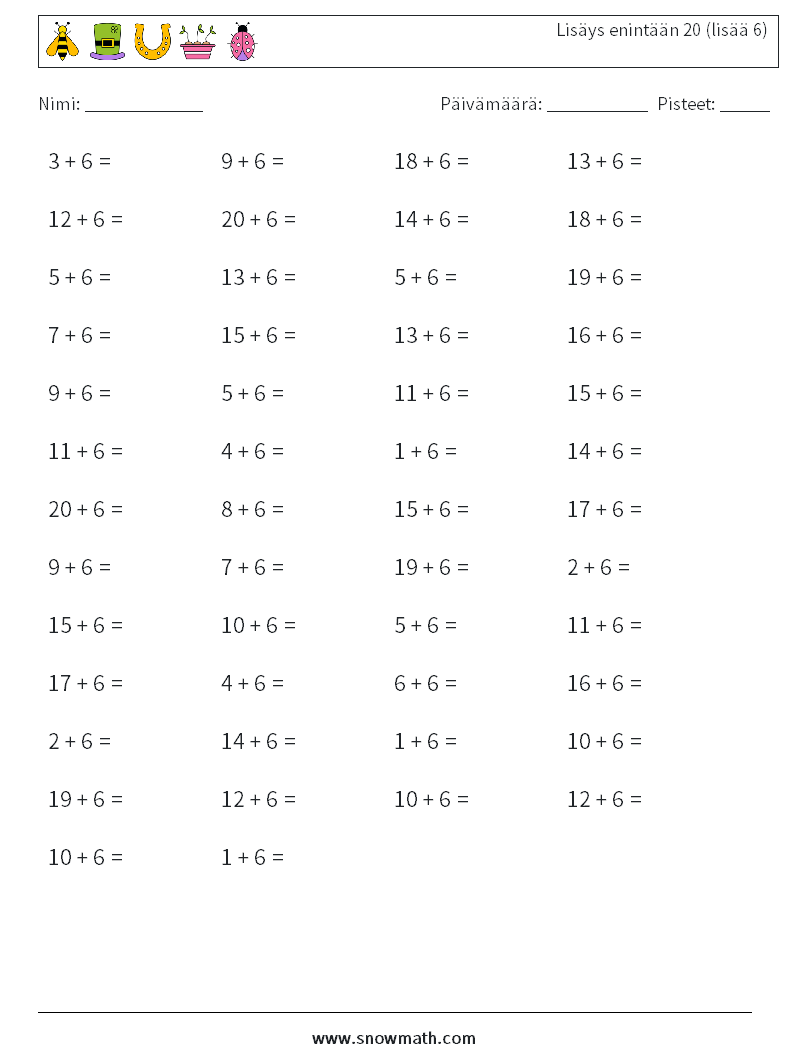 (50) Lisäys enintään 20 (lisää 6) Matematiikan laskentataulukot 3