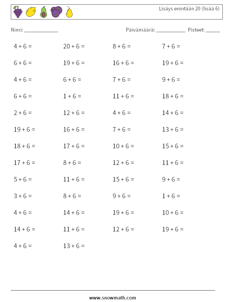 (50) Lisäys enintään 20 (lisää 6) Matematiikan laskentataulukot 4