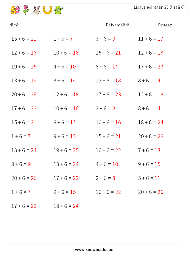 (50) Lisäys enintään 20 (lisää 6) Matematiikan laskentataulukot 5 Kysymys, vastaus