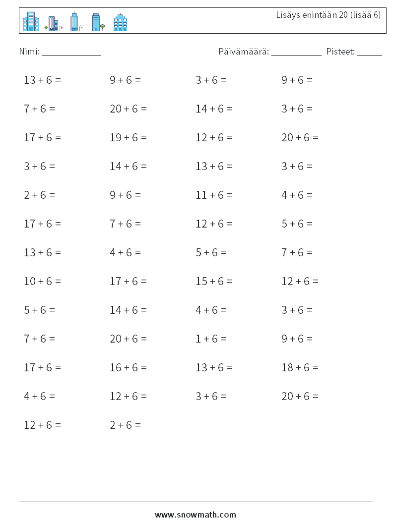 (50) Lisäys enintään 20 (lisää 6) Matematiikan laskentataulukot 6