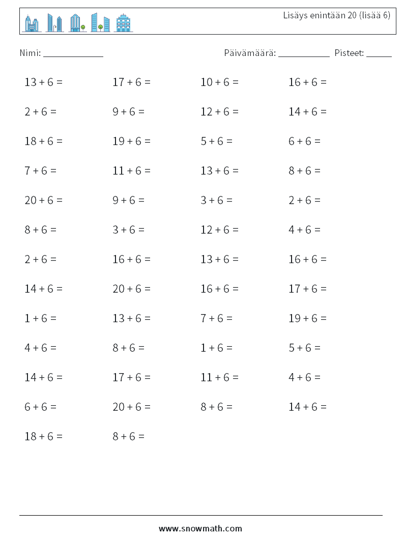 (50) Lisäys enintään 20 (lisää 6) Matematiikan laskentataulukot 9