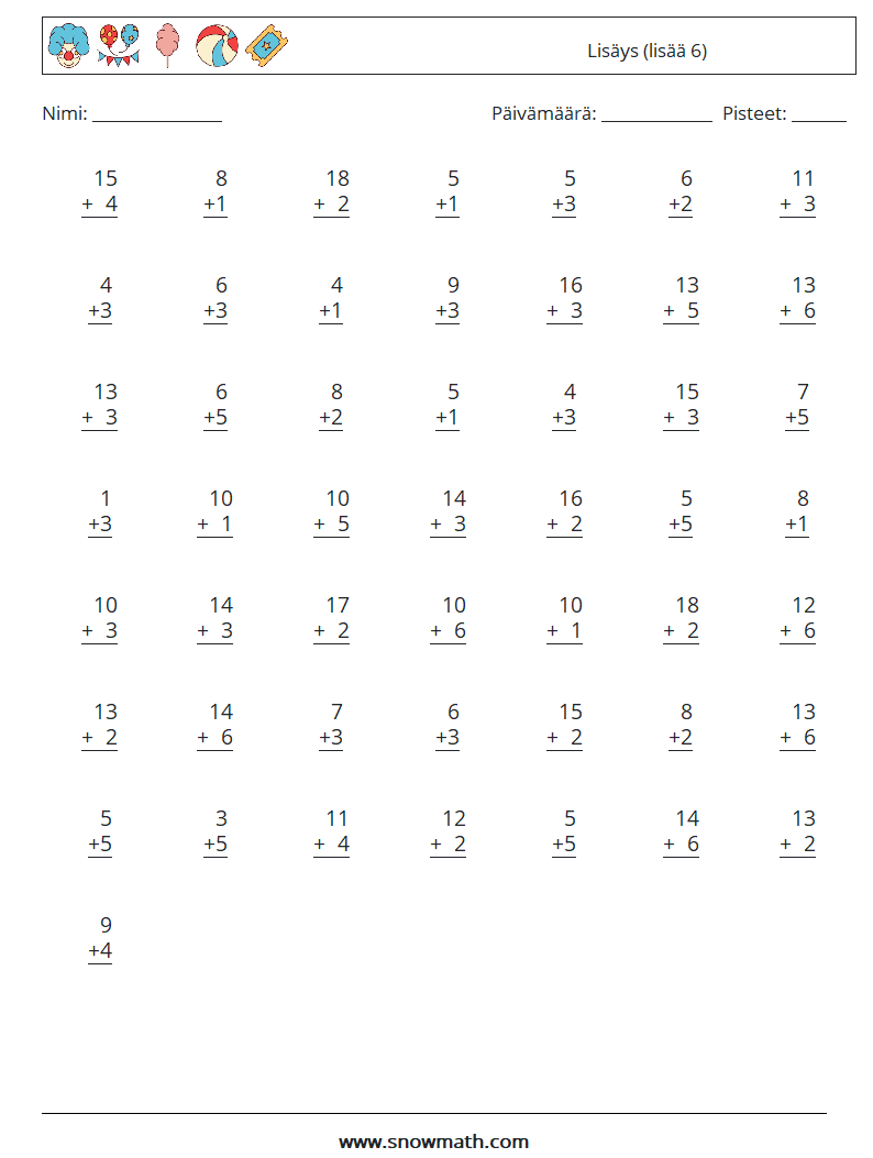 (50) Lisäys (lisää 6) Matematiikan laskentataulukot 10