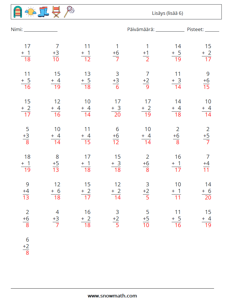 (50) Lisäys (lisää 6) Matematiikan laskentataulukot 11 Kysymys, vastaus