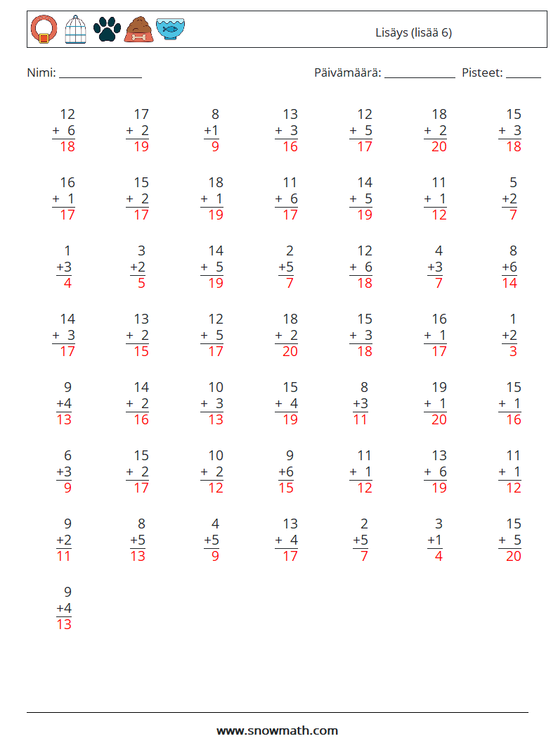 (50) Lisäys (lisää 6) Matematiikan laskentataulukot 12 Kysymys, vastaus