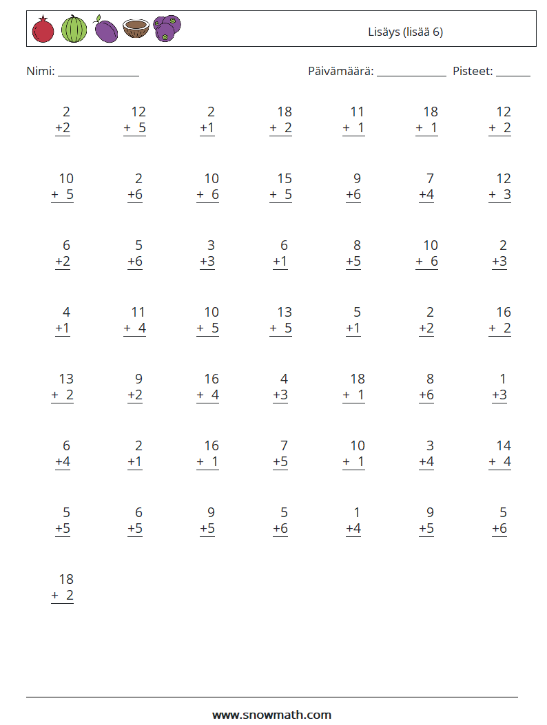 (50) Lisäys (lisää 6) Matematiikan laskentataulukot 15