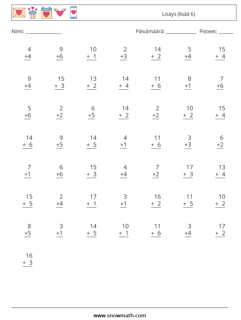 (50) Lisäys (lisää 6) Matematiikan laskentataulukot 16