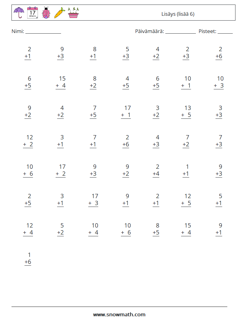 (50) Lisäys (lisää 6) Matematiikan laskentataulukot 18