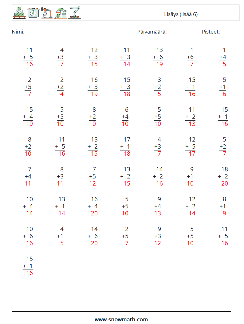 (50) Lisäys (lisää 6) Matematiikan laskentataulukot 3 Kysymys, vastaus