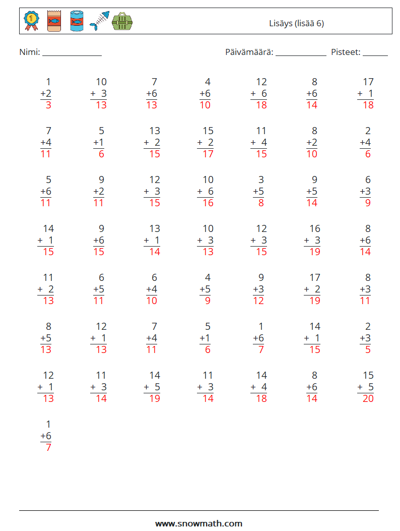 (50) Lisäys (lisää 6) Matematiikan laskentataulukot 4 Kysymys, vastaus