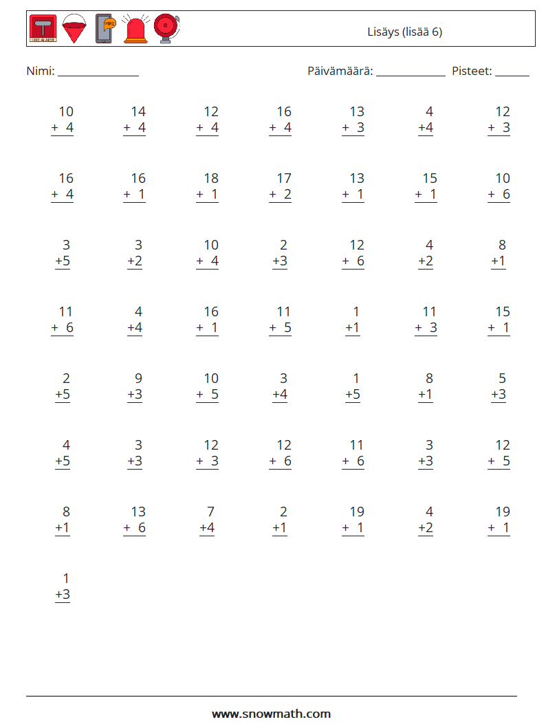 (50) Lisäys (lisää 6) Matematiikan laskentataulukot 5