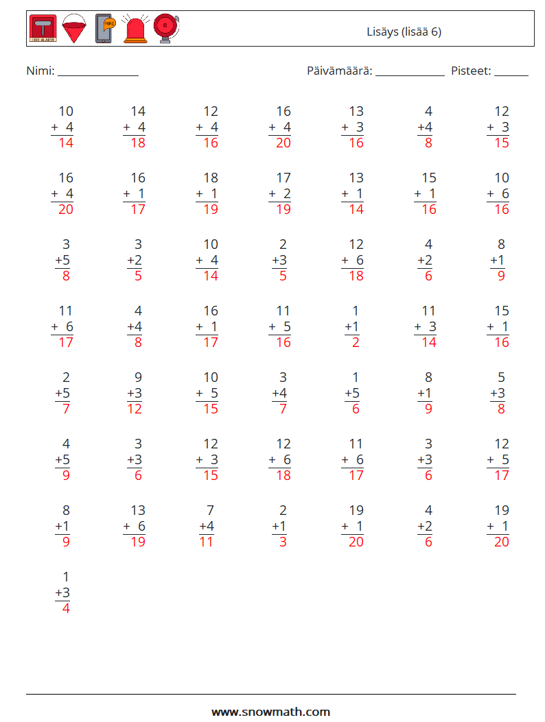 (50) Lisäys (lisää 6) Matematiikan laskentataulukot 5 Kysymys, vastaus