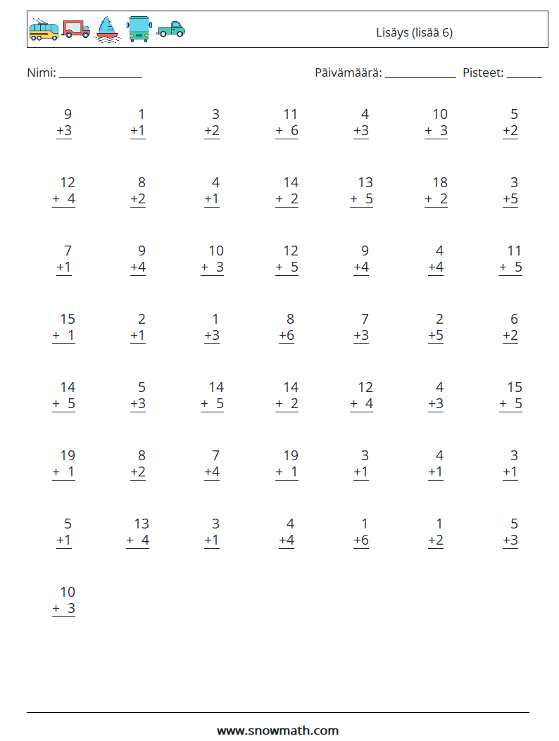 (50) Lisäys (lisää 6) Matematiikan laskentataulukot 6