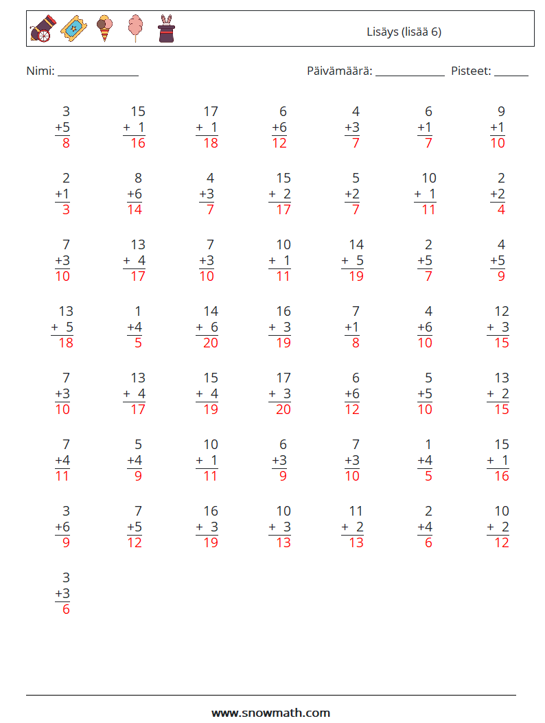 (50) Lisäys (lisää 6) Matematiikan laskentataulukot 7 Kysymys, vastaus