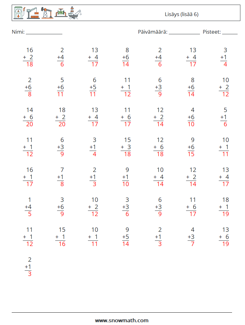 (50) Lisäys (lisää 6) Matematiikan laskentataulukot 8 Kysymys, vastaus